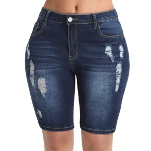 Women's Ripped Stretchy Bermuda Shorts High Waisted Long Denim Jean Shorts