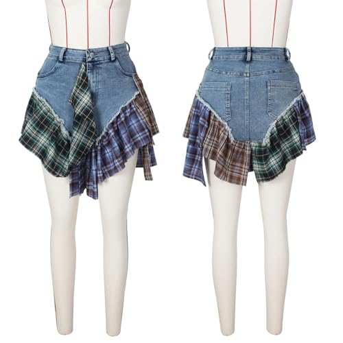 41LMLudqT4L.jpg Gothic European and American Women's Clothing, Sexy Irregular Plaid Skirt, Design Sense Patchwork Denim Short Skirt