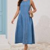 41LU0nVjhLL.jpg Women's Sleeveless Backless Denim Maxi Dress Casual A Line Cut Out Long Flowy Jean Tank Dress