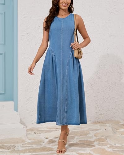 41LU0nVjhLL.jpg Women's Sleeveless Backless Denim Maxi Dress Casual A Line Cut Out Long Flowy Jean Tank Dress