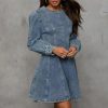 41LXWkzyDtL.jpg Women's Denim Dress Long Sleeve Crewneck A Line Swing Ruffle Casual Mini Babydoll Jean Dresses