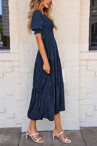 41LhEbo-9L.jpg Women's 2025 Summer Casual Midi Dresses Square Neck Short Sleeve Smocked A Line Floral Flowy Elegant Boho Dress