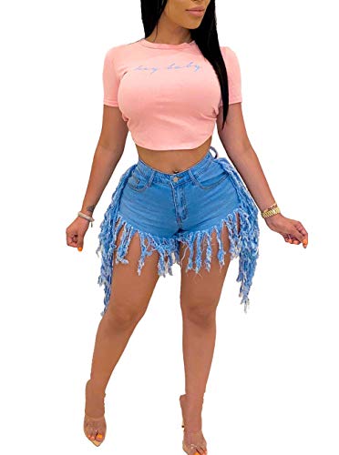 Jean Shorts for Women Juniors, Summer High Waisted Stretchy Frayed Raw Hem Tassels Denim Shorts