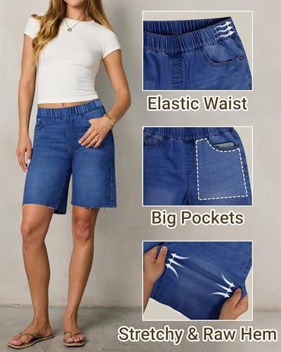 41MOshnfqZL.jpg Women's Raw Hem Denim Bermuda Shorts Mid Rise Long Jorts Baggy Pull On Strechy Jeans Shorts with Elastic Waist