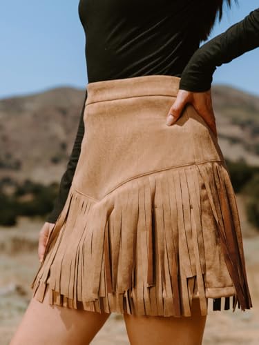 41MmVNxBQzL.jpg Women Fringe Skirts Western Cowgirl Terra Cotta High Waist Mini Skirt Suede Tassel Short Counrty Concert