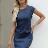 41NO8EQ7OL.jpg Women Denim Dress Stretchy Bodycon Cap Sleeve High Neck Summer Back Zipper Jean Mini Dresses