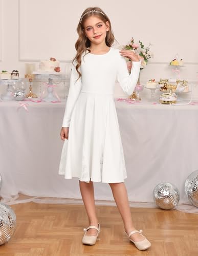 41NREwgZn1L.jpg Girls Long Sleeve Dress Lace Hem Knit Fall Winter Pullover Dresses for Girls 5-12Y