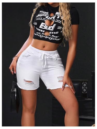 41NSzHjlTdL.jpg Women's Ripped Jeans Drawstring Elastic Waist Skinny Denim Shorts Summer Short Pants