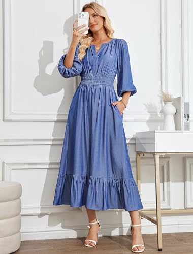 41NkTW-02gL.jpg Women's Maxi Denim Dress with Pockets V Neck Jean Dresses Elbow Sleeve Elastic Waist Tiered Casual Fall Outfits 2025