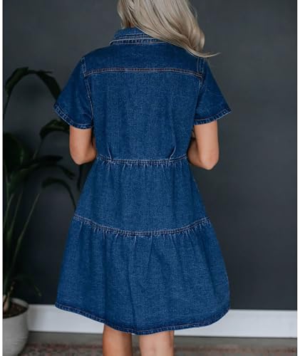 41NowhBJeL.jpg Women's Button Down Denim Babydoll Dress Lapel Collar Short Sleeve Flowy Tiered Ruffle Jeans Midi Dress
