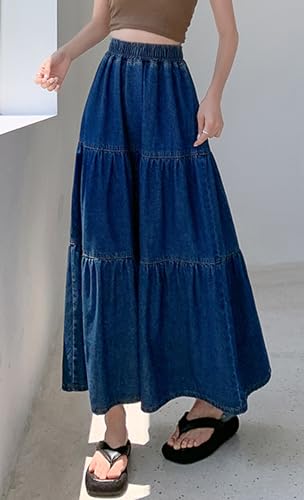 41NqQqi9pEL.jpg Women's Spring High Elastic Waist Tiered Denim Skirt Summer A-Line Maxi Long Jean Skirt