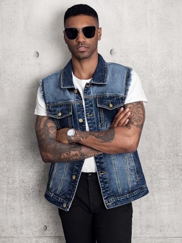 41O4sh5hEGL.jpg Men's Denim Vest Sleeveless Ripped Slim fit Distressed Jean Jacket