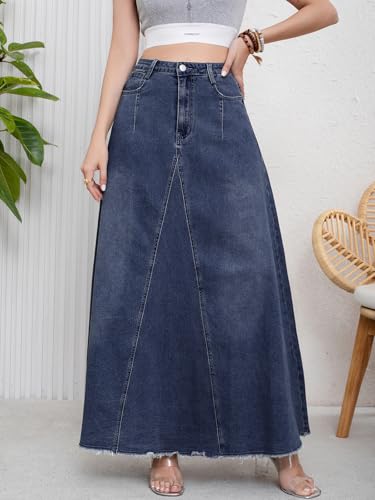 41O7eOShLQL.jpg Women's Retro Distressed High Waist Frayed Hem A Line Wash Maxi Long Denim Skirt with Pockets