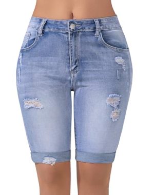 41OLxu834sL.jpg Womens Bermuda Shorts High Waisted Ripped Stretchy Cuffed Denim Shorts