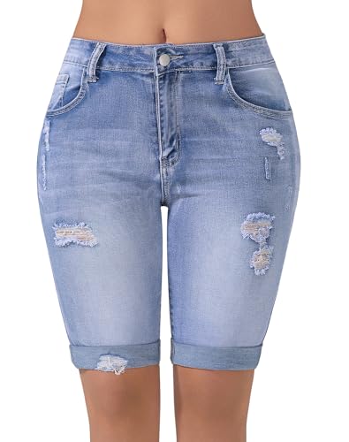 41OLxu834sL.jpg Womens Bermuda Shorts High Waisted Ripped Stretchy Cuffed Denim Shorts