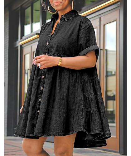 41OnMdz1WFL.jpg Womens Denim Babydoll Dresses Summer Outfits Button Down Ruffle Tiered Jean Dress
