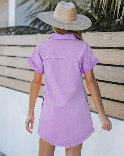Denim Dress for Women Button Down Short Sleeves Casual Summer Jean Shirt Dresses with Pockets Frayed Hem