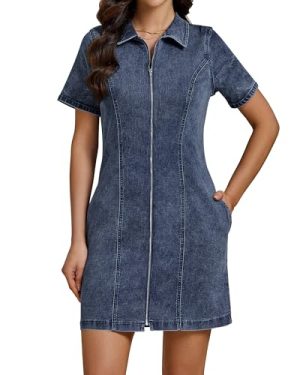 Denim Dresses for Women Summer Casual Zip Up Short Sleeve Western Short Stretchy Jean Dress with Pockets