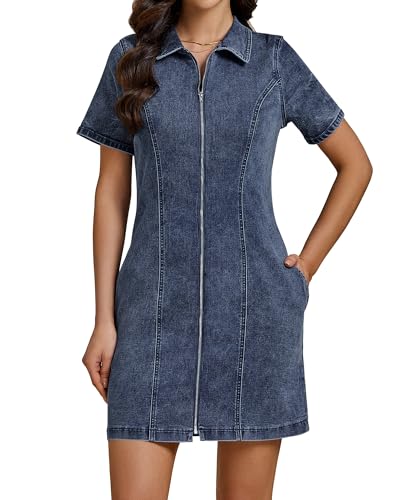 41PLALIQ8YL.jpg Denim Dresses for Women Summer Casual Zip Up Short Sleeve Western Short Stretchy Jean Dress with Pockets