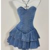 41Q5Sc1njGL.jpg Women's Layered Ruffle Strapless Mini Denim Dress Sleeveless A Line Tube Dresses