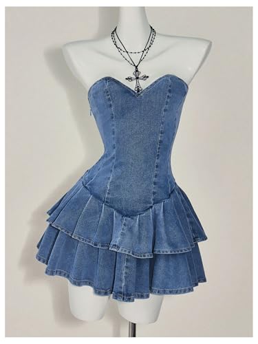 41Q5Sc1njGL.jpg Women's Layered Ruffle Strapless Mini Denim Dress Sleeveless A Line Tube Dresses