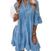 41QCyelGeSL.jpg Women's Button Down Denim Dress Casual V Neck Ruffle Short Sleeve A Line Swing Babydoll Denim Shirt Tunic Dress