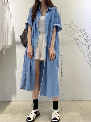 41QShcKQFL.jpg Women's Summer Casual Short Sleeve Long Denim Shirt Dress Casual Loose Button Down Jean Dress