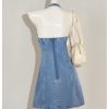 41QYAsya1CL.jpg Women's Bow Halter Mini Jean Dress Lace Trim Sleeveless Backless Denim Dresses
