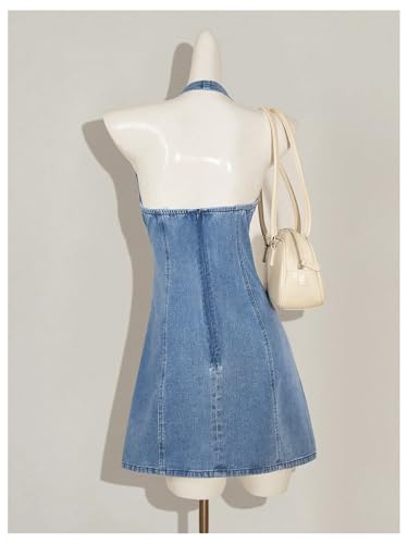 41QYAsya1CL.jpg Women's Bow Halter Mini Jean Dress Lace Trim Sleeveless Backless Denim Dresses