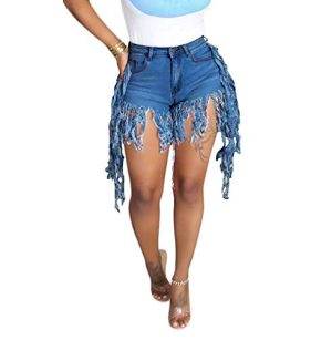Jean Shorts for Women Juniors, Summer High Waisted Stretchy Frayed Raw Hem Tassels Denim Shorts