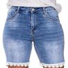 Bermuda Jean Shorts for Women Mid Waist Summer Trendy Stretchy Lace Trim Denim Shorts