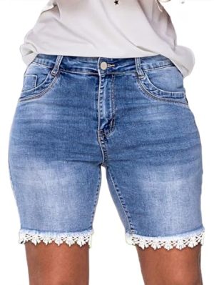 Bermuda Jean Shorts for Women Mid Waist Summer Trendy Stretchy Lace Trim Denim Shorts