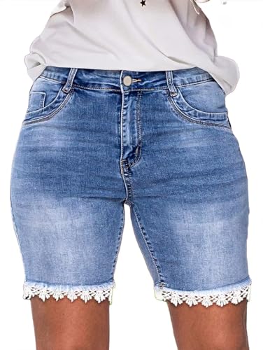 Bermuda Jean Shorts for Women Mid Waist Summer Trendy Stretchy Lace Trim Denim Shorts