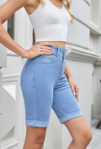 Women's Jean Shorts High Waisted Stretchy Bermuda Folded Hem Denim Summer Shorts