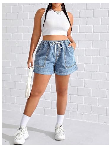 41S04ILSuJL.jpg Women's Plus Size Drawstring Elastic Waist Denim Shorts Straight Leg Casual Summer Short Jeans