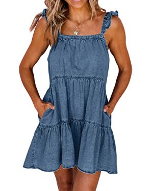 41S8TPPVK6L.jpg Womens Summer Denim Dress Square Neck Ruffle Trim Sleeveless Babydoll Flowy Jean Dresses with Pockets