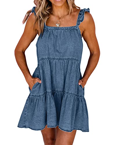 41S8TPPVK6L.jpg Womens Summer Denim Dress Square Neck Ruffle Trim Sleeveless Babydoll Flowy Jean Dresses with Pockets