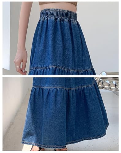 41SMCL6DMrL.jpg Women's Spring High Elastic Waist Tiered Denim Skirt Summer A-Line Maxi Long Jean Skirt