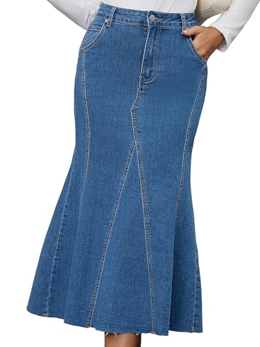 41SbYqWcQEL.jpg Womens Fishtail Long Jean Skirt High Waisted Casual Stretchy Fit and Flare Midi Denim Skirts