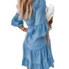 41Suyry21OL.jpg Women's Button Down Denim Dress Casual V Neck Ruffle Short Sleeve A Line Swing Babydoll Denim Shirt Tunic Dress