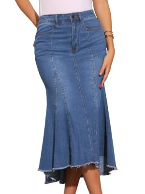 41SvofxoxjL.jpg Women's Washed Fishtail Denim Skirt High Waist Raw Hem Fashion Casual Midi Jean Skirts with Pockets