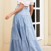 Women Western Elastic High Waisted A Line Long Denim Skirt Button Ruffle Tiered Jean Maxi Skirt Patchwork Pocket Y2k