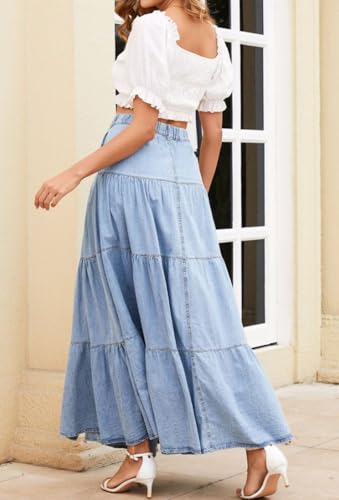 Women Western Elastic High Waisted A Line Long Denim Skirt Button Ruffle Tiered Jean Maxi Skirt Patchwork Pocket Y2k