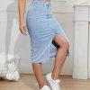 41TDyAed4zL.jpg High Waisted Front Split Midi Denim Skirt Casual Stretch Knee Length A line Jean Skirt for Women