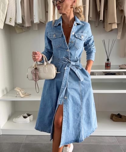41TKPNz6OiL.jpg Women's 2025 Long Sleeve Belted Denim Shirt Dress A-Line Business Casual Midi Long Denim Coat