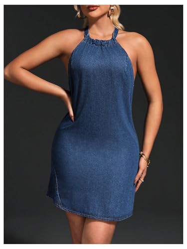 41TXeWW6jbL.jpg Women's Halter Tie Back Denim Dress Sleeveless Casual Short Dresses