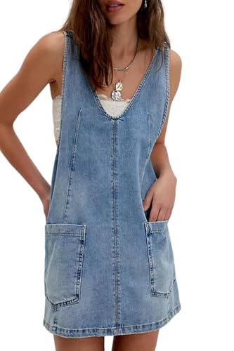 41U4xp0iR3L.jpg Women's V Neck Sleeveless Denim Overall Dress Adjustable Strap Summer Mini Pinafore Jean Dress with Pockets