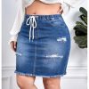 41UBrmh6T-L.jpg Women's Plus Size Denim Skirt High Waisted Elastic Drawstring Waist Raw Hem Ripped Vintage Short Jean Skirt