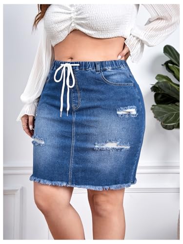 41UBrmh6T-L.jpg Women's Plus Size Denim Skirt High Waisted Elastic Drawstring Waist Raw Hem Ripped Vintage Short Jean Skirt