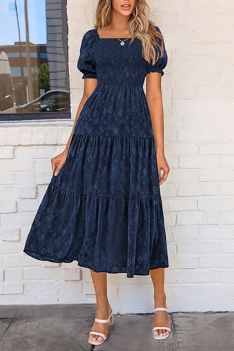 41UxhhHz4KL.jpg Women's 2025 Summer Casual Midi Dresses Square Neck Short Sleeve Smocked A Line Floral Flowy Elegant Boho Dress